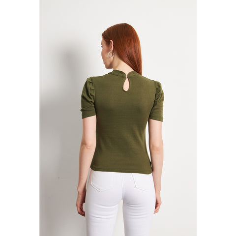 Olive Puff Sleeves Knit Top | Montivo Pakistan