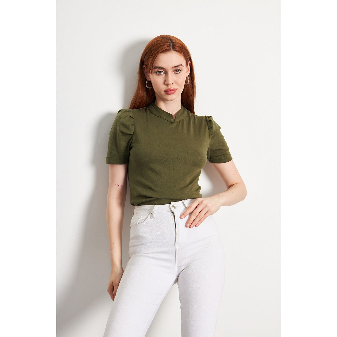 Olive Puff Sleeves Knit Top | Montivo Pakistan