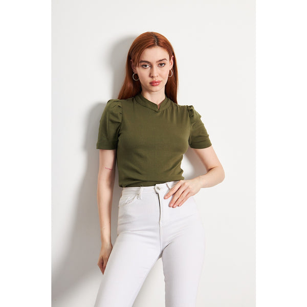 Olive Puff Sleeves Knit Top | Montivo Pakistan