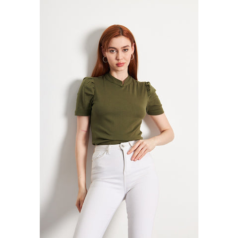Olive Puff Sleeves Knit Top | Montivo Pakistan