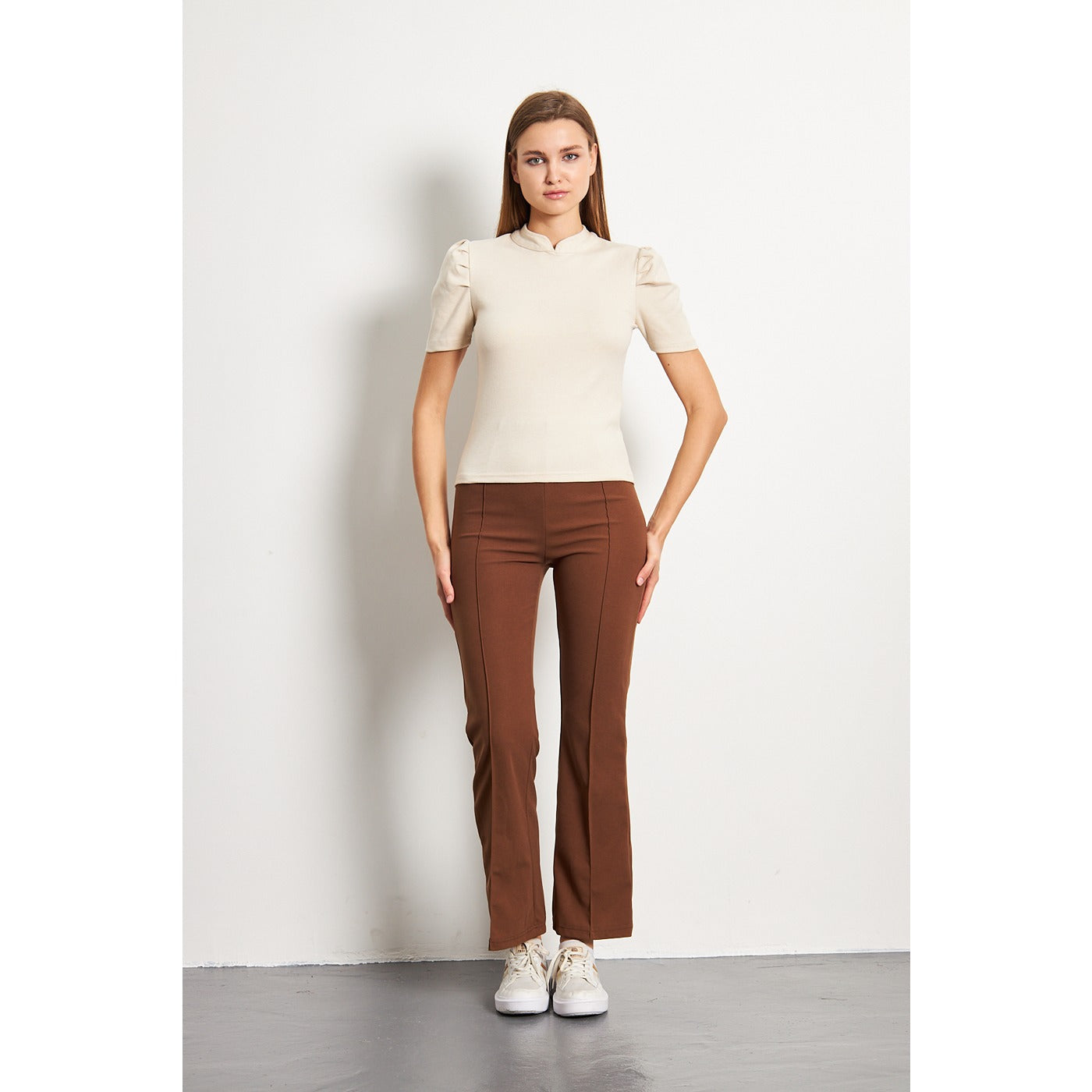 Beige Puff Sleeves Knit Top | Montivo Pakistan