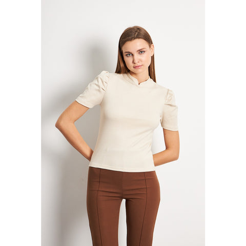 Beige Puff Sleeves Knit Top | Montivo Pakistan