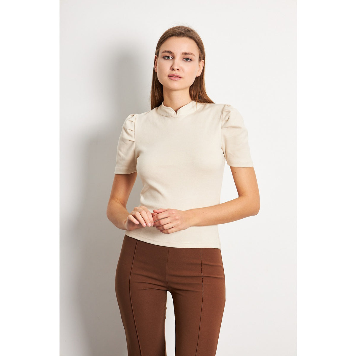 Beige Puff Sleeves Knit Top | Montivo Pakistan