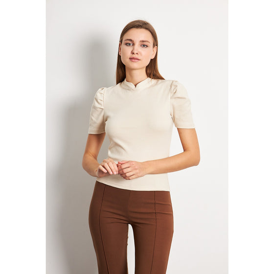 Beige Puff Sleeves Knit Top | Montivo Pakistan