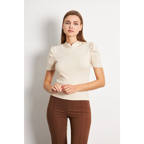 Beige Puff Sleeves Knit Top | Montivo Pakistan