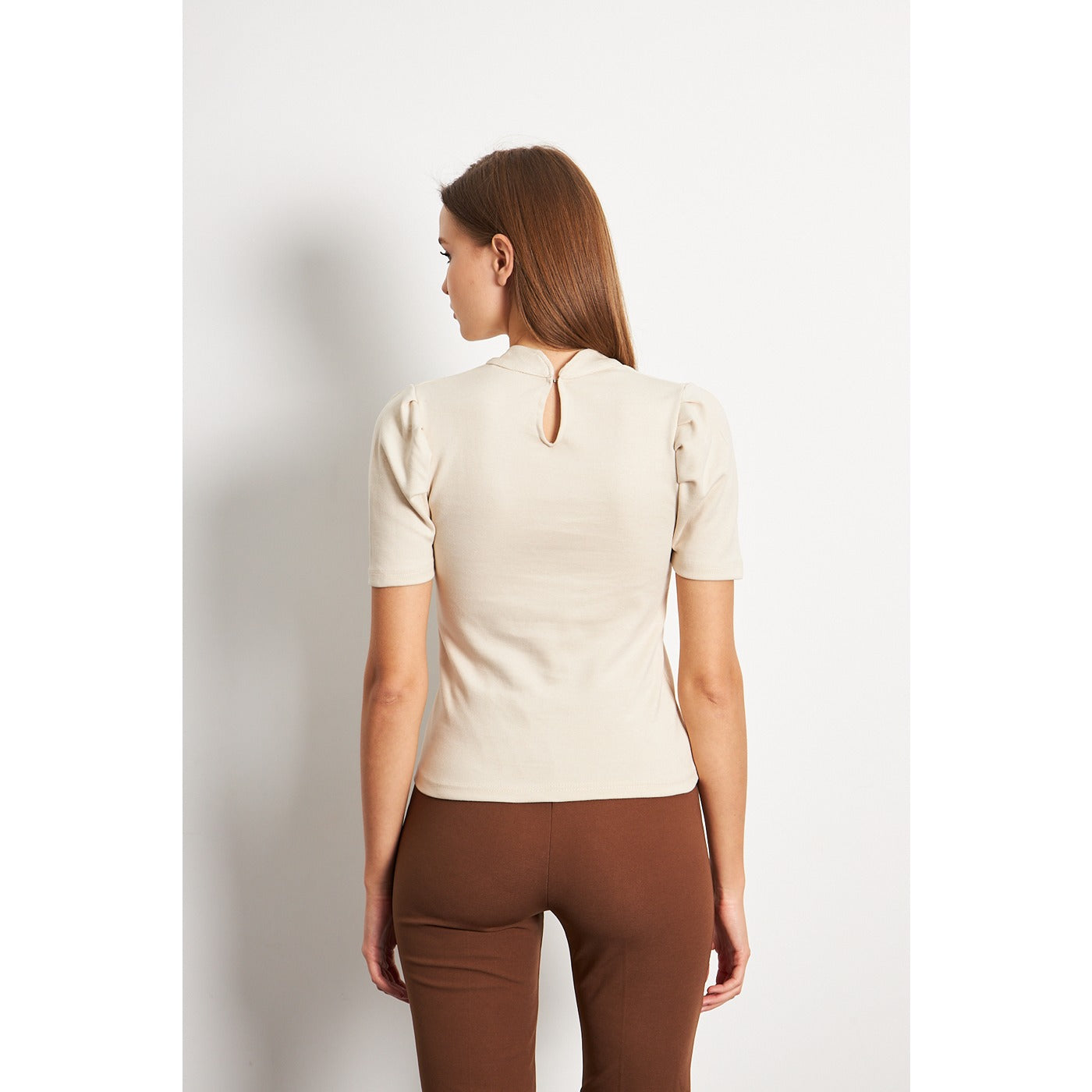 Beige Puff Sleeves Knit Top | Montivo Pakistan