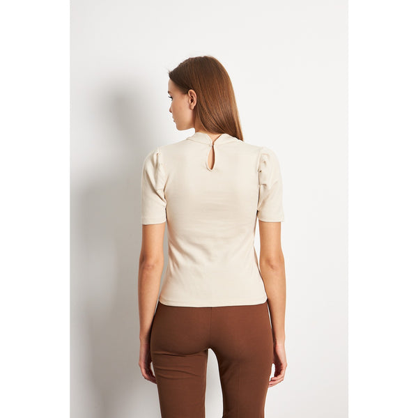 Beige Puff Sleeves Knit Top | Montivo Pakistan