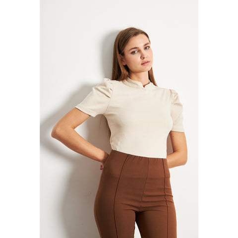 Beige Puff Sleeves Knit Top | Montivo Pakistan