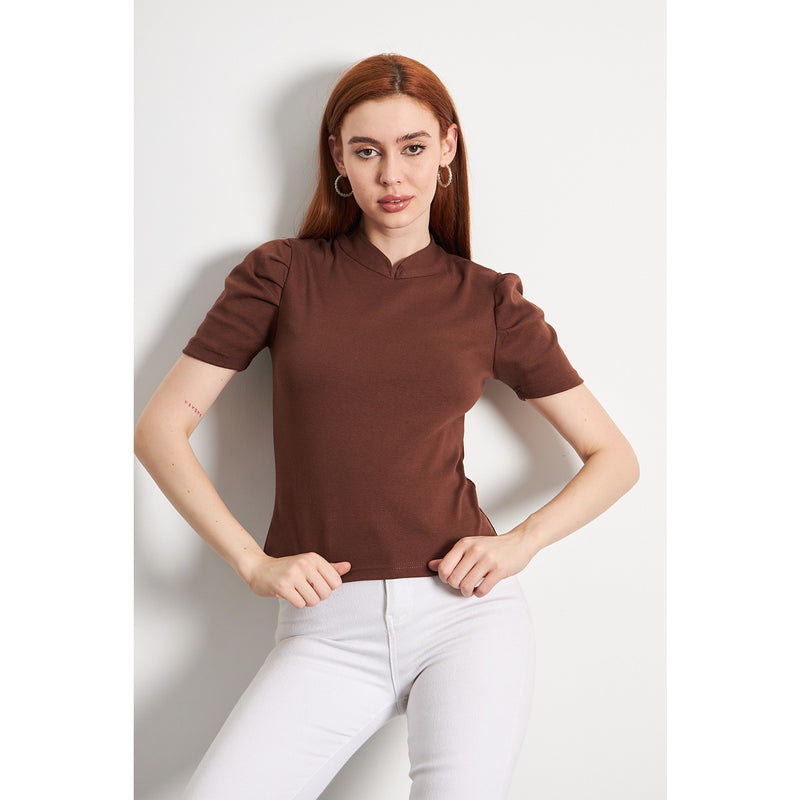 Brown Puff Sleeves Knit Top | Montivo Pakistan