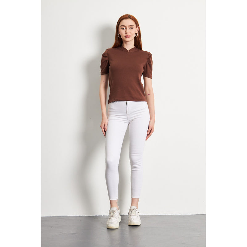 Brown Puff Sleeves Knit Top | Montivo Pakistan