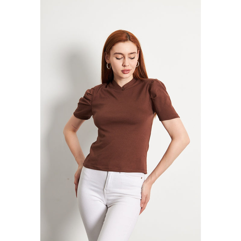 Brown Puff Sleeves Knit Top | Montivo Pakistan