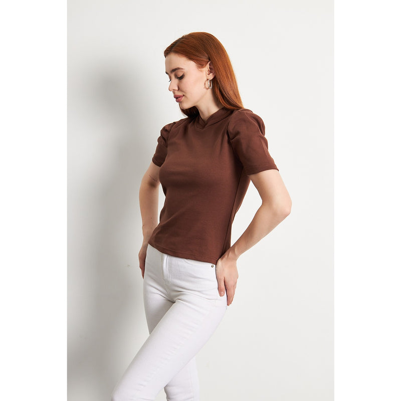 Brown Puff Sleeves Knit Top | Montivo Pakistan
