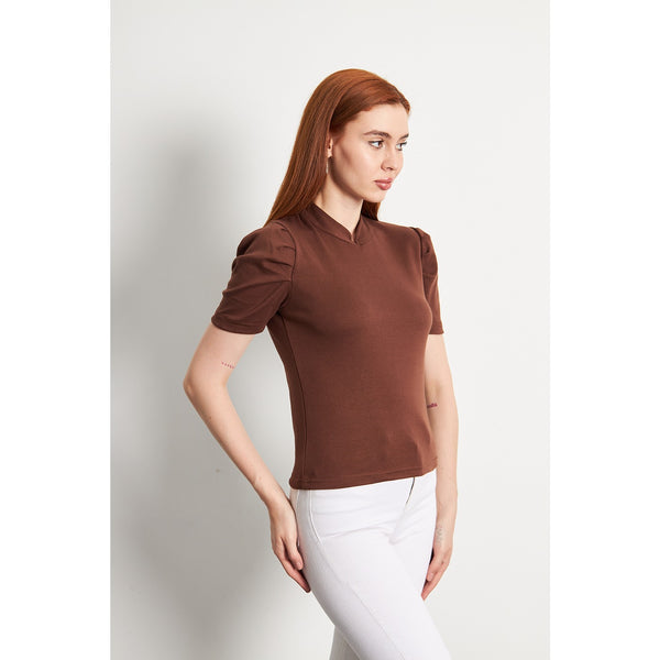 Brown Puff Sleeves Knit Top | Montivo Pakistan