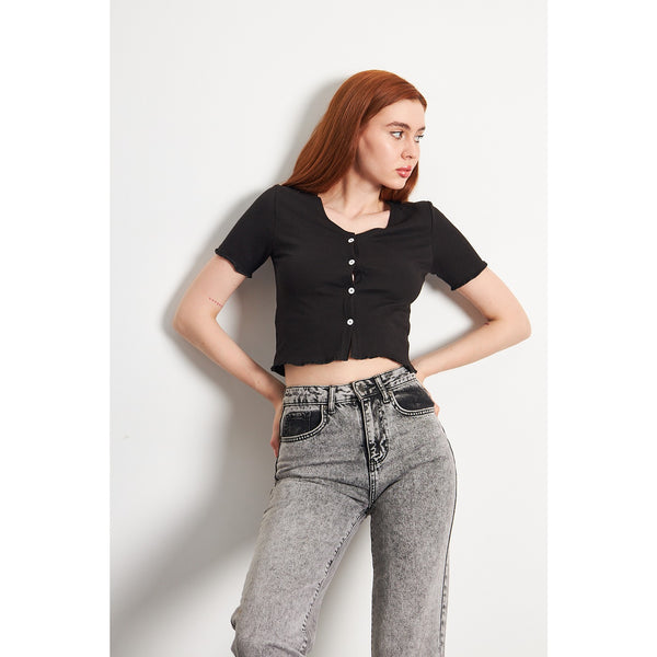 Black Button Down Crop Top | Montivo Pakistan
