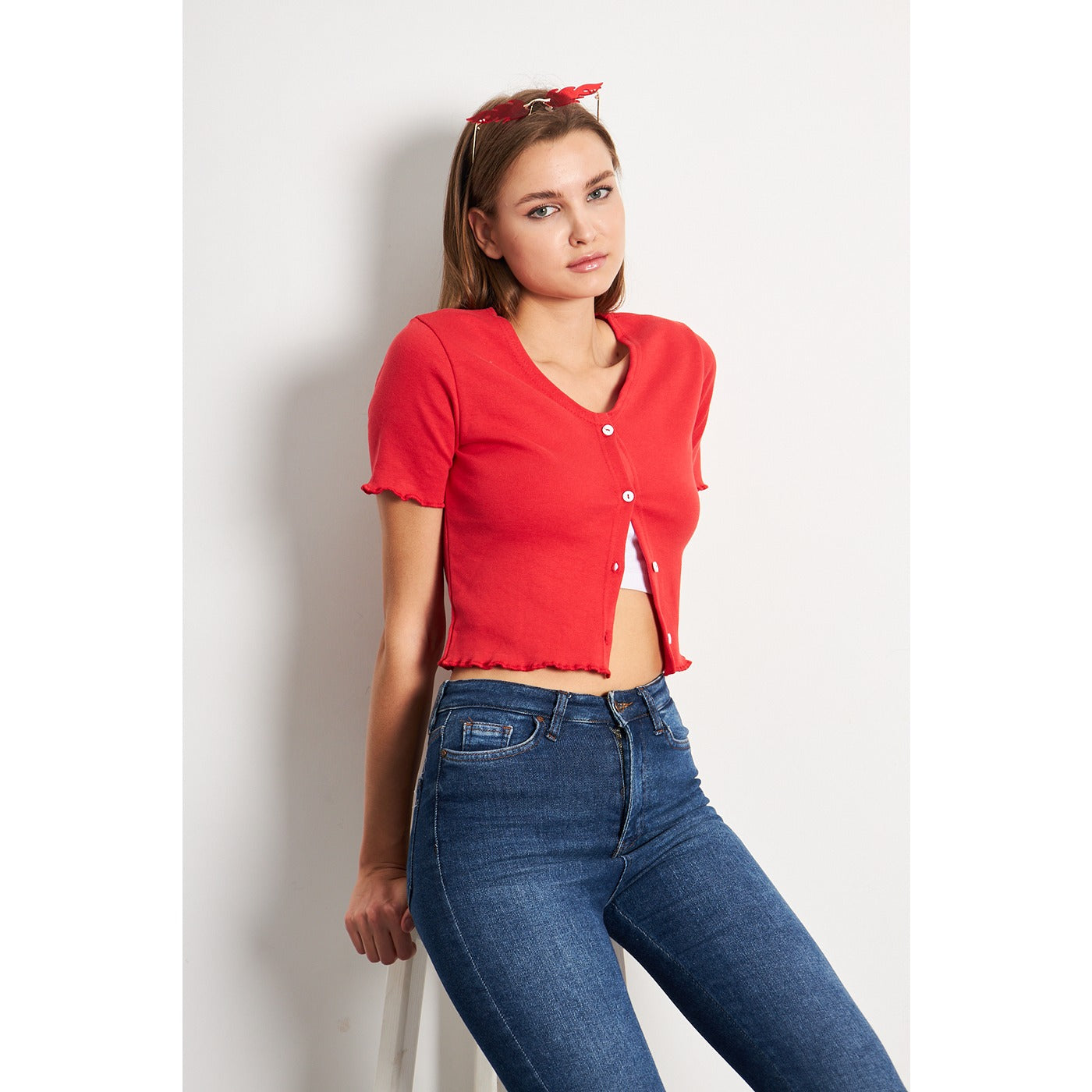Red Button Down Crop Top | Montivo Pakistan