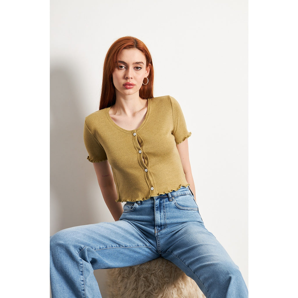 Green Melange Button Down Crop Top | Montivo Pakistan