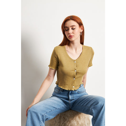 Green Melange Button Down Crop Top | Montivo Pakistan
