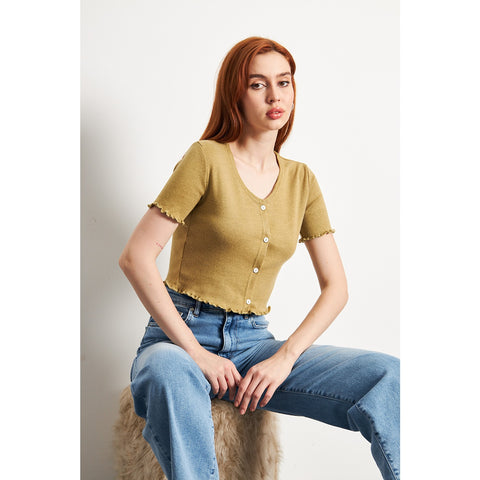 Green Melange Button Down Crop Top | Montivo Pakistan
