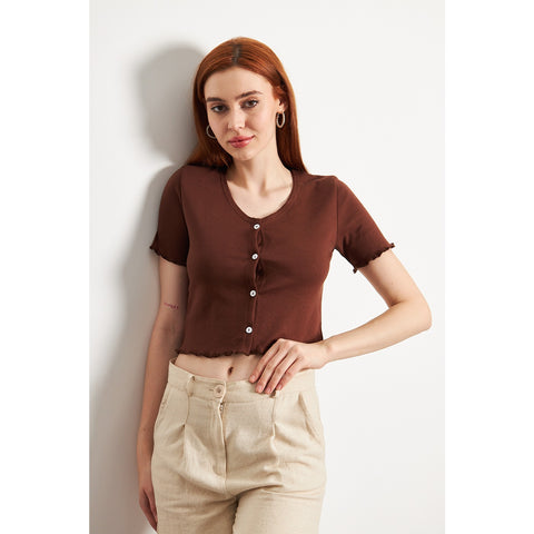 Brown Button Down Crop Top | Montivo Pakistan