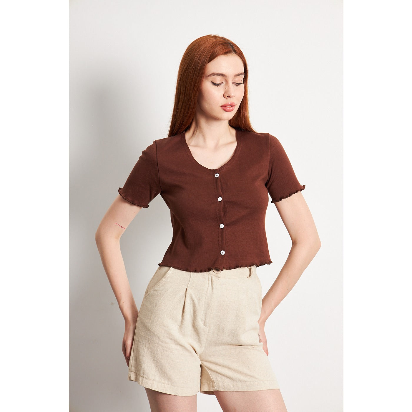 Brown Button Down Crop Top | Montivo Pakistan