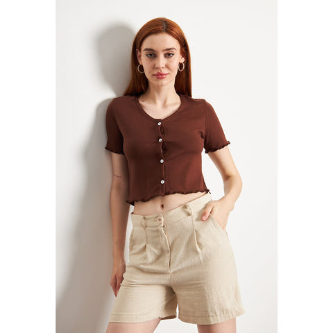 Brown Button Down Crop Top | Montivo Pakistan