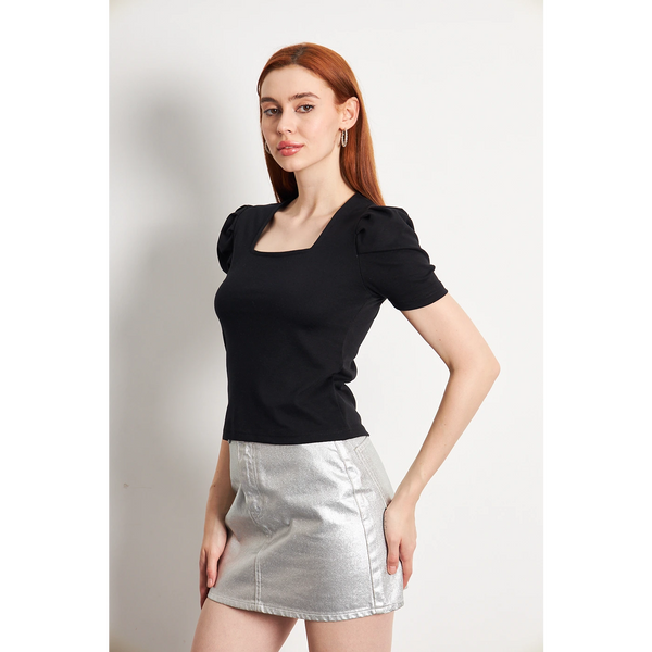 Black Square Neck Puff Sleeves Top | Montivo Pakistan