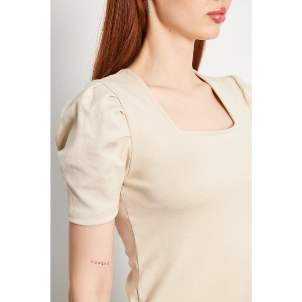 Beige Square Neck Puff Sleeves Top | Montivo Pakistan