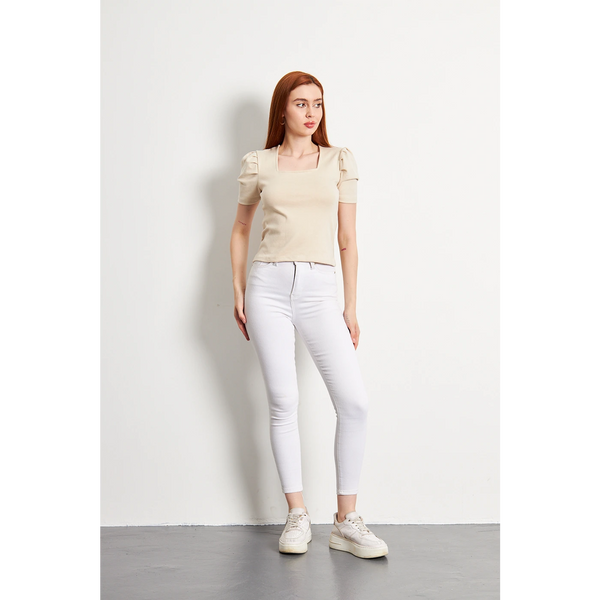 Beige Square Neck Puff Sleeves Top | Montivo Pakistan
