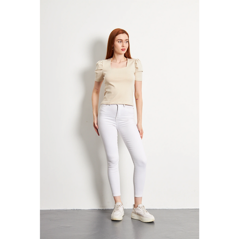 Beige Square Neck Puff Sleeves Top | Montivo Pakistan