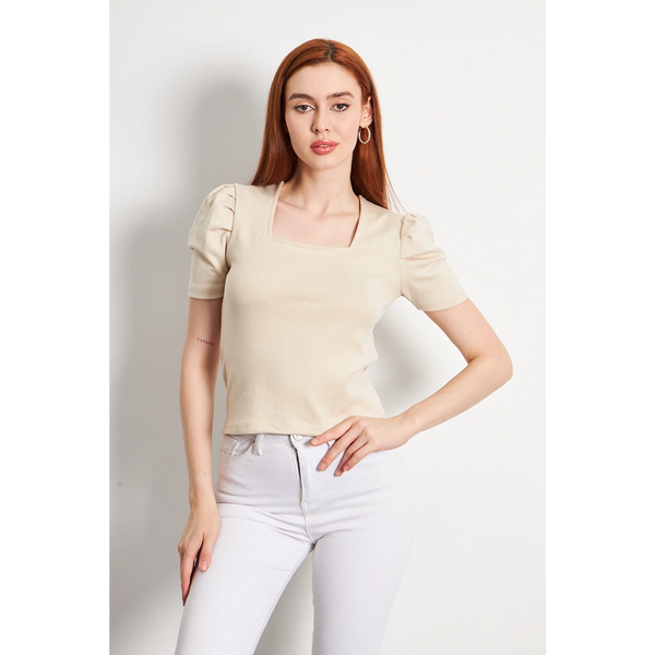 Beige Square Neck Puff Sleeves Top | Montivo Pakistan