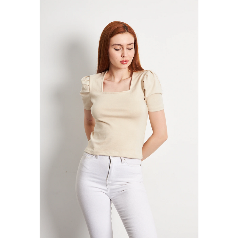 Beige Square Neck Puff Sleeves Top | Montivo Pakistan