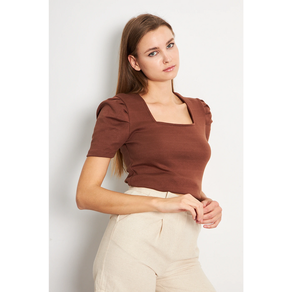 Brown Square Neck Puff Sleeves Top | Montivo Pakistan