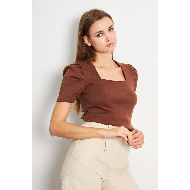 Brown Square Neck Puff Sleeves Top | Montivo Pakistan