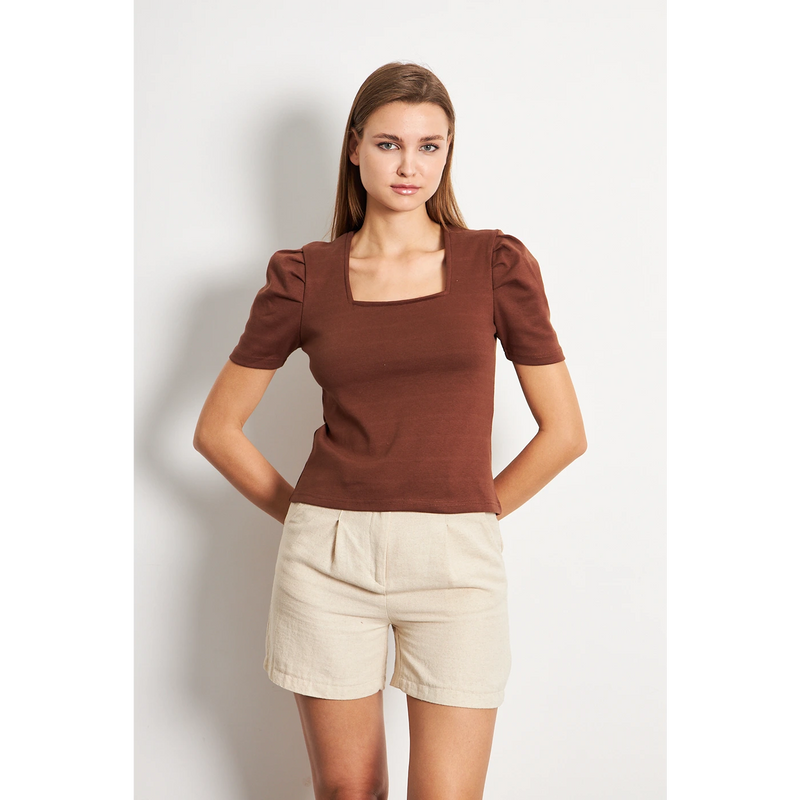 Brown Square Neck Puff Sleeves Top | Montivo Pakistan