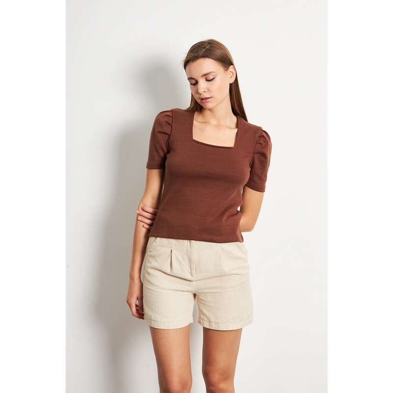 Brown Square Neck Puff Sleeves Top | Montivo Pakistan