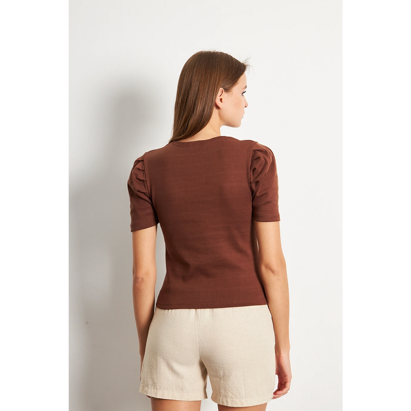 Brown Square Neck Puff Sleeves Top | Montivo Pakistan
