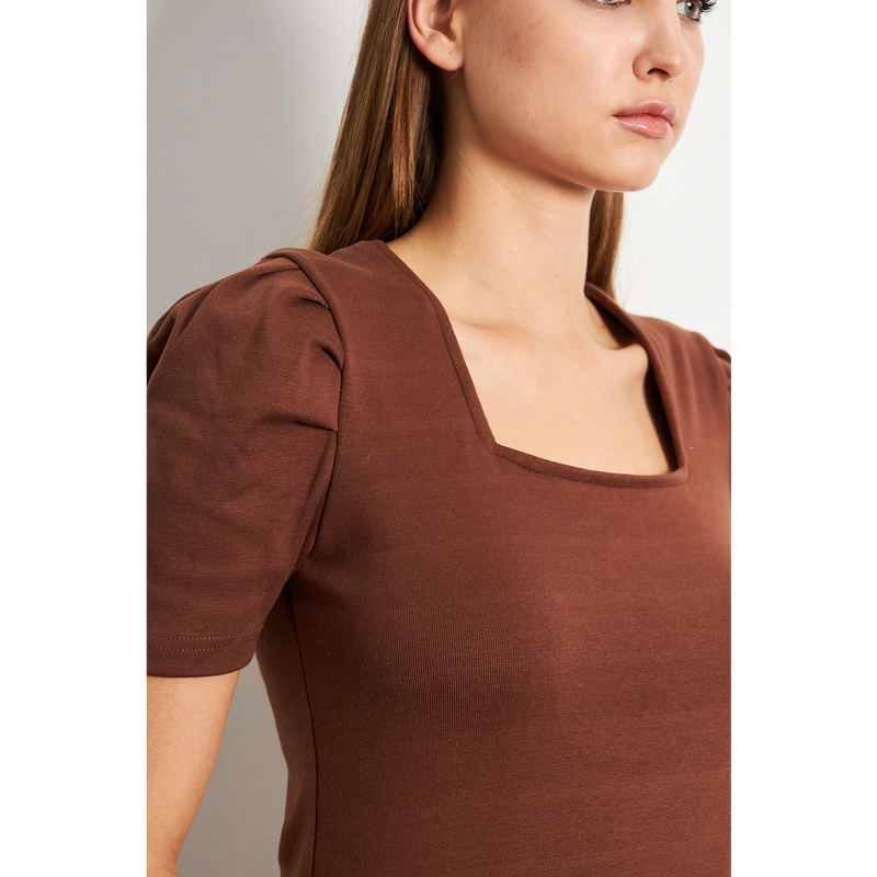 Brown Square Neck Puff Sleeves Top | Montivo Pakistan