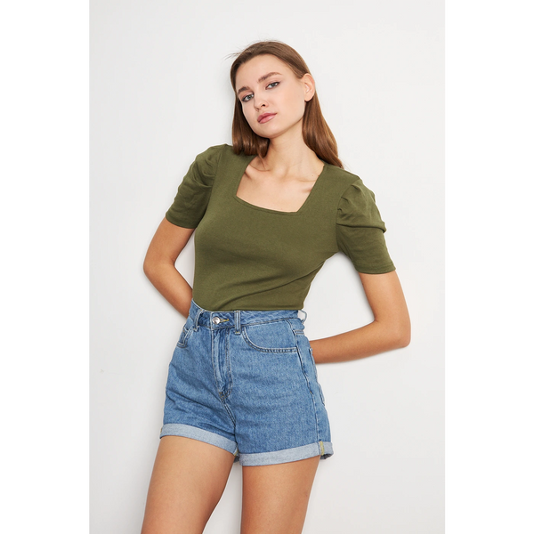 Olive Square Neck Puff Sleeves Top | Montivo Pakistan