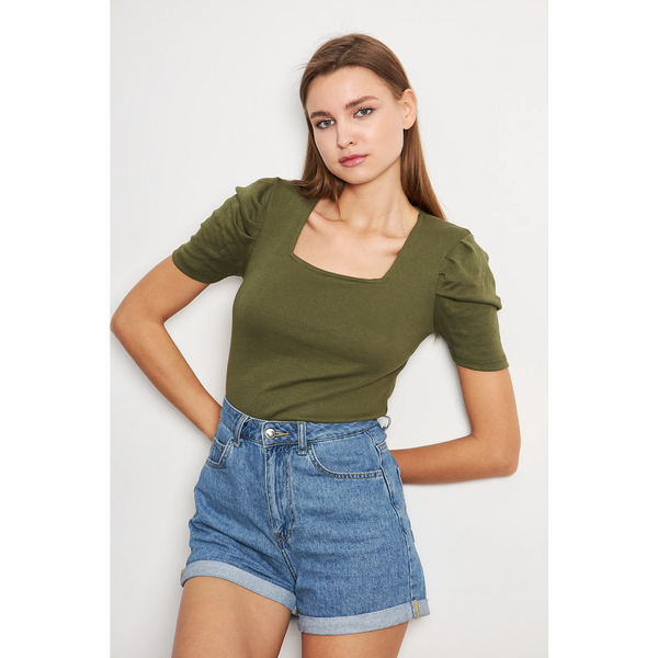 Olive Square Neck Puff Sleeves Top | Montivo Pakistan