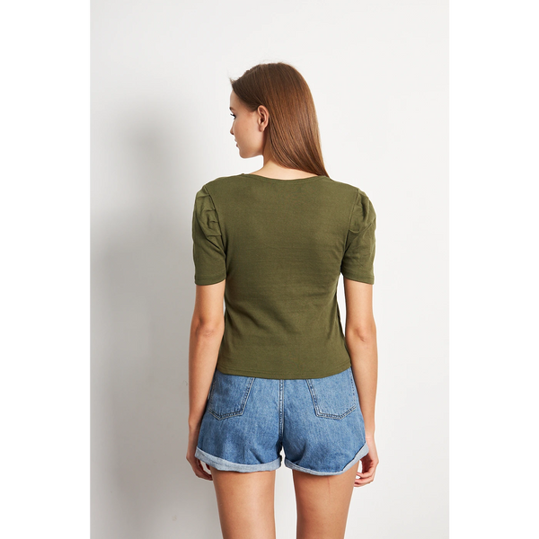 Olive Square Neck Puff Sleeves Top | Montivo Pakistan