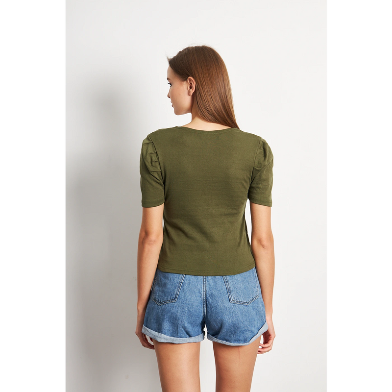 Olive Square Neck Puff Sleeves Top | Montivo Pakistan