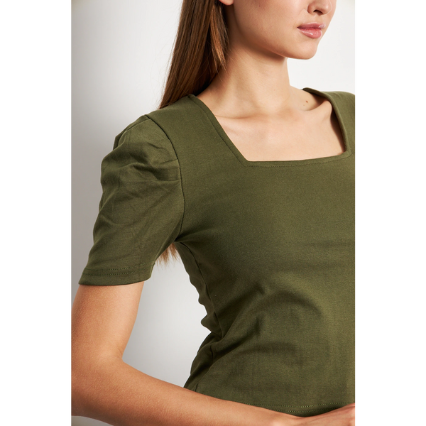 Olive Square Neck Puff Sleeves Top | Montivo Pakistan
