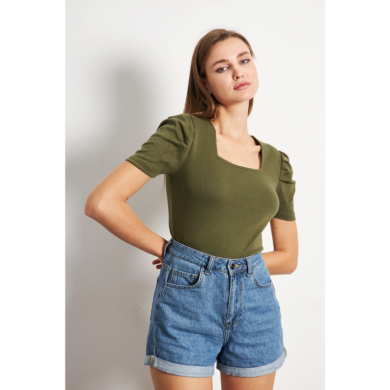 Olive Square Neck Puff Sleeves Top | Montivo Pakistan