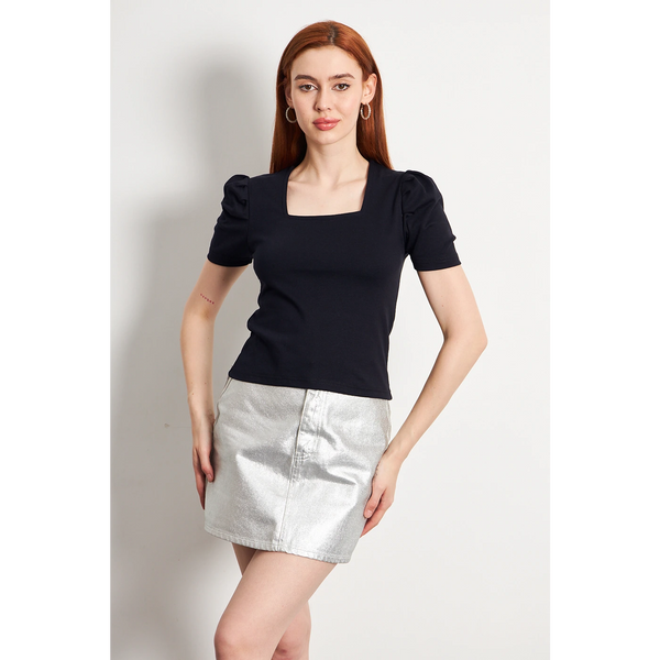 Navy Square Neck Puff Sleeves Top | Montivo Pakistan