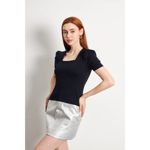 Navy Square Neck Puff Sleeves Top | Montivo Pakistan