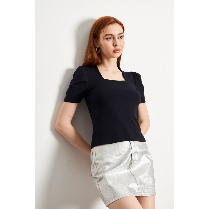 Navy Square Neck Puff Sleeves Top | Montivo Pakistan