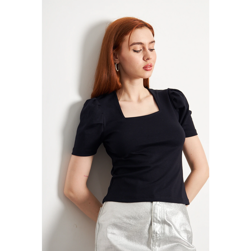 Navy Square Neck Puff Sleeves Top | Montivo Pakistan