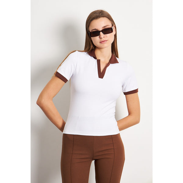 White Brown Rib Knit Polo | Montivo Pakistan