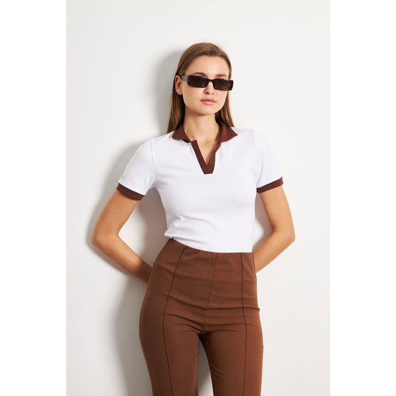 White Brown Rib Knit Polo | Montivo Pakistan