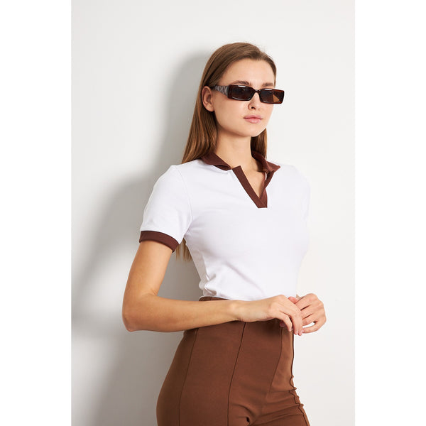 White Brown Rib Knit Polo | Montivo Pakistan
